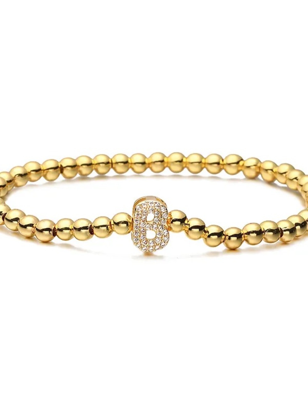 Gold Beaded Bracelet with Pavé Initial B Charm - Women's Jewelry